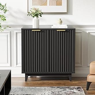 Fluted Cabinet with Storage, 2 Doors Sideboard Buffet, Mid Century Modern Accent Cabinet with Adjustable Shelves, Multifunctional Console Table with Storage for Living Room, Kitchen, Entryway