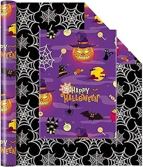 WERNNSAI Halloween Wrapping Paper Roll - 1 Roll 17” x 33 Ft Halloween Pumpkin Wrapping Paper Purple Hallows Eve Decor Paper Black Gothic Spider Wrapping Paper Baby Hallo Party Favor