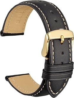 WOCCI 18mm Vintage Leather Watch Band for Men and Women, Gold Buckle (Black/Beige Seam)