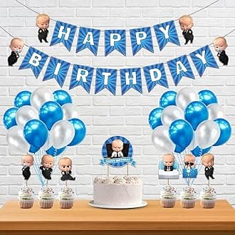 Festiko Boss Baby Themed Birthday Decorations Set of 60 Boys Kids Birthday Decoration Supplies Happy Birthday Banners Latex Balloons Cake Toppers Baby Boss Cupcake Toppers Bows (Blue)