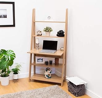 Timber Art Design UK Riva Ladder 5 Tier Bookcase Storage Rack Unit & Overhanging Desk For Living Room, Office, Study Room Furniture Oak Effect (84.2 x175.4 x 50cm)