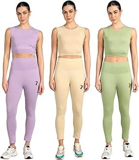 Stretchable Activewear Sleeveless Crop Top with Long Pants with Back Pocket for Workout Top & Bottom Set Gym Yoga Sports Running Track Suits For Girls/Women - Pack of 3