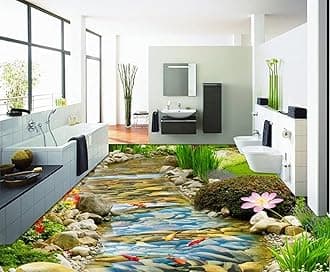 Wall Mural Wallpaper 108 x 75 inch (Width x Height) 3D PVC Flooring Custom Wall Sticker 3D Hd Streams Goldfish Lotus 3D Bathroom Flooring Paintings Photo 3D Wall murals Wallpaper