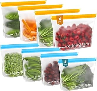 IDEATECH 8Pack Gallon Bags Dishwasher Safe, Leakproof Reusable Gallon Freezer Bags, BPA Free Reusable Gallon Bags, Food Storage Bags for Meats, Sandwich, Travel (8Gallon, Colored)