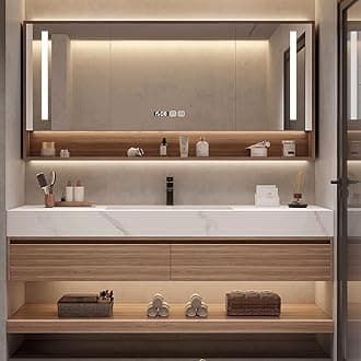 Sponsored Ad - Wood Bathroom Vanity Set - LED Defogging Mirror | Wall Mounted Bathroom Vanity with Sink Include Open Storage & Mirror Cabinet Storage & 2 Drawers (38'')