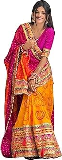 Women's Georgette Bandhani Printed, Embroidery Lace Saree With Unstitched Blouse Piece