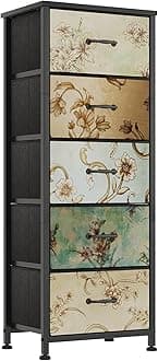 CAIYUN Chest of Drawers Bedroom with 5 Drawers, Tall Fabric Dressers with Flower Printing, Dresser for Entryway Hallway Living Room, Closet Storage Drawer, Bedside Table