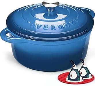 28cm/6.6L Enamelled Cast Iron Round Casserole Pot With Lid Cookbook & Cotton Potholders - Non-stick Dutch Oven Cookware for Braising, Stews, Roasting, Bread Baking - Sapphire blue, 7QT