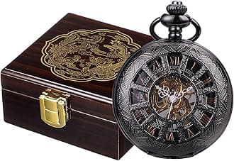 SIBOSUN Skeleton Pocket Watch and Box Wodden Dragon Phonix Pattern Pocket Watch Display Case Organizer for Pocket Watch Special 12-Little-Window Case Design Men Black Mechanical with Chain Box
