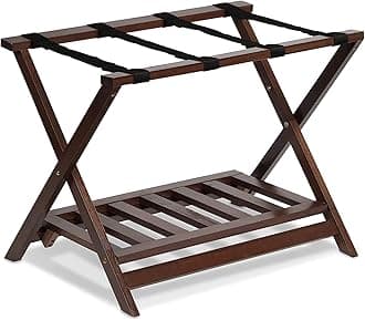 PJ Wood Luggage Rack with Rack Shelf, Portable and Foldable Wooden Suitcase Stand for Bedroom or Closet, Walnut