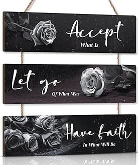 KARINE Black Flower Wall Decor Motivational Words Hanging Sign Rose Flowers Accept Let Go Have Faith Quotes for Girls Women Living Room Inspirational Quotes Wall Plaque for Office Bathroom