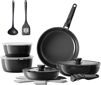 Redchef 16pcs Ceramic Pots and Pans Set Non Stick, Nonstick Kitchen Cookware Set with Detachable Handle, Non Toxic, PFAS PFOA & PTFE Free, RV Cookware Set for Camping, Dishwasher/Oven Safe (Black)