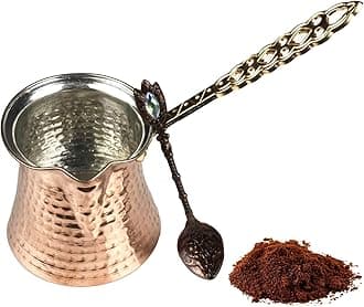 Turkish Coffee Pot and Copper Spoon Set - 9 Oz Thick 2mm Antique Copper Looking - Stove top Coffee Maker Cezve with Copper Handle & Copper Spoon - for 3 People
