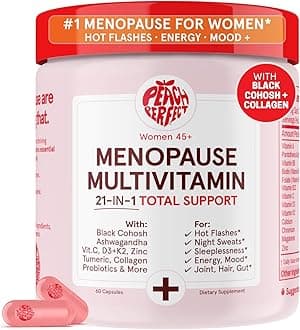 Peach Perfect Menopause Multivitamin | 21 Vitamins for Women 45+ | Black Cohosh, Ashwagandha, Vitamin D3+K2, Probiotics & Collagen | Support for Hot Flashes, Mood Swings, Joint & Skin Health | 30 SVG