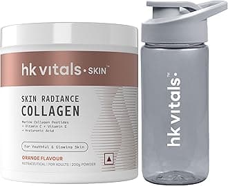 HealthKart Hk Vitals Skin Radiance Collagen Powder,Marine Collagen (Orange,200 G),Collagen Supplements For Women&Men With Biotin,Vitamin C,& E,With Sipper Bottle (Teal,300 Ml)