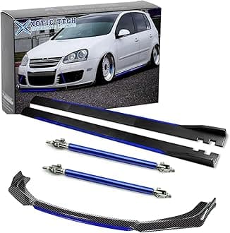 x xotic tech Front Bumper Lip Chin Spoiler+ 2M Side Skirt Winglets Diffusers+ Adjustable 10"-13" Support Rod Universal Fit Most Vehicles, Carbon Fiber w/Blue