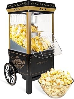 Nostalgia Vintage Hot-Air Popcorn Maker Machine - Makes Up to 12 Cups - Oil-Free - Healthier Popcorn - Classic Stand-Up Cart With Wheels - Includes Kernel Measuring Cup - Black