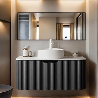 36 inch Floating Bathroom Vanity with Sink, Natural Solid Wood Modern Bathroom Vanities with Ultra-Thin Ceramic Basin and Marble Top, Soft-Close Design, Pre-Assembled, Gloss Black