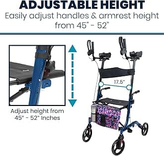 Vive Mobility Upright Walker with Seat, for Seniors, Women - Stand Up Rollator, Arm Rests, Heavy Duty, Folding Medical Aid Scooter for Elderly, Seniors - Walking Foldable Assist (Blue, Floral Bag)