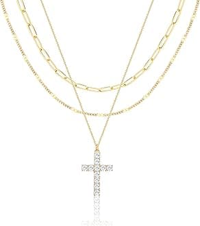 Layered Gold Necklaces for Women, Stackable Dainty 14K Gold Silver Plated Trendy Simple Heart Diamond Cross Bow Circle Pendant Paperclip Choker Dot Chain Necklace,Jewelry Set Gifts for Women