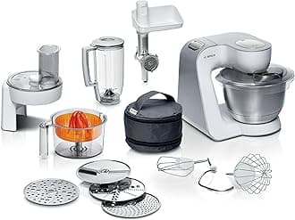 – Bosch CreationLine 7 in 1 Stand Mixer MUM58259GB with 11 accessories, 7 Speeds, dough hook, whisk, beater, blender, juicer, mincer, shredder, 1000W, White/Silver
