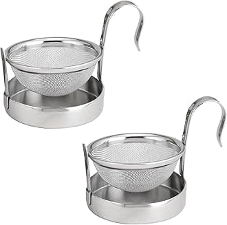 HIC Kitchen Tip Tea Strainer, 18/8 Stainless Steel, Loose Leaf Tea Filter With Drip Tray, Mess-Free Tea Serving, Set of 2