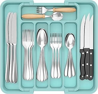 Lifewit Silverware Drawer Organizer, Expandable BPA Free Utensil Tray for Kitchen, Adjustable Flatware and Cutlery Holder for Spoons Forks Knives, Plastic Kitchen Organizers and Storage, Turquoise