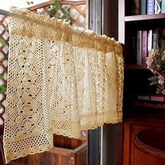 Rustic Boho Curtain Valance for Kitchen Window Farmhouse Handmade Crochet Curtain Tiers for Coffee Decor Room Divider Rod Pocket Hollow Short Lace Curtains for Bathroom Closet 1 Panel W78 X L17 Inch