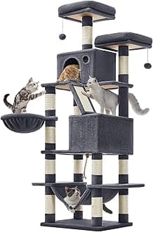 Feandrea Cat Tree, 168 cm Large Cat Tower Condo with 13 Scratching Posts, 1 Scratching Ramp, 2 Perches, 2 Caves, Basket, Hammock, Pompoms, Smoky Grey PCT165G01V1