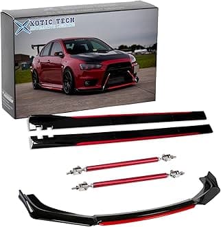 x xotic tech Front Bumper Lip Chin Spoiler+ 2M Side Skirt Winglets Diffusers+ Adjustable 10"-13" Support Rod Universal Fit Most Vehicles, Glossy Black w/Red