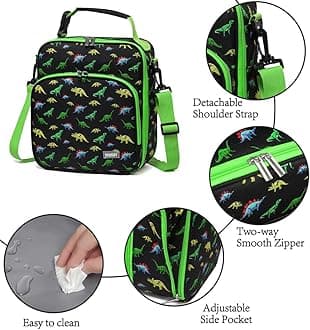 VASCHY 8.6L Large Capacity Insulated Lunch Bag for Boys with Adjustable Shoulder Strap, Thermal Tote Bag with Bottle Pocket for School, Outdoor (Green Dinosaur)