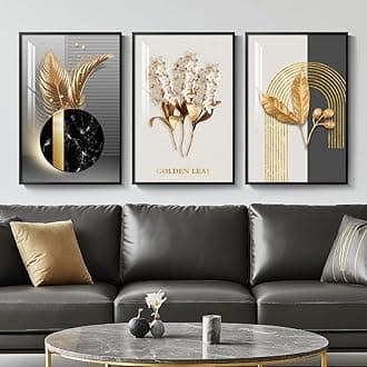 Framed Black and White Modern Luxury Wall Art, 3 Pieces Large Contemporary Prints Paintings Artwork for Walls, Set of 3 Golden Leaf Pictures for Living Room, Hallway, Bedroom, Office Wall Decor 16x24 Inch