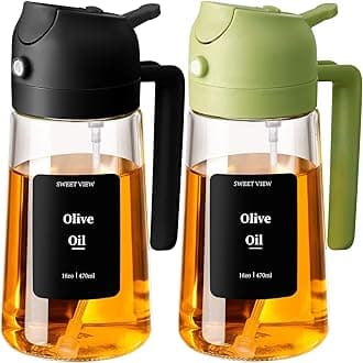 2PCS Olive Oil Sprayer for Cooking, 16oz/470ml Glass Oil Dispenser/Pour Bottle, Kitchen Accessories, Kitchen Gadgets for Air Fryer, Salad, BBQ, with Stickers (Black,Green)