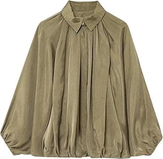 FindThy Women’s Puffed Bomber Jacket Trendy Lapel Collar Long Batwing Sleeve Front Zip Oversized Shirts(4152-Green-L-LB)