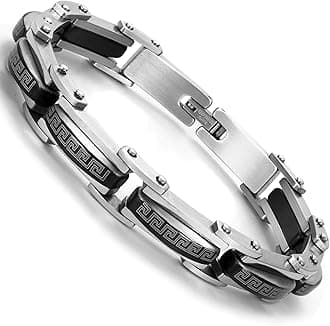 Men's 316L Stainless Steel Link Cuff Bracelets – Industrial Greek Pattern & Mechanical Style – Black & Silver Finish