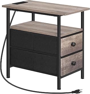 HOOBRO End Table with Charging Station, Narrow Side Table, Nightstand with 2 Non-Woven Drawers, Slim Sofa Side Table, for Small Spaces, Living Room, Bedroom, Greige and Black BG486UBZ01