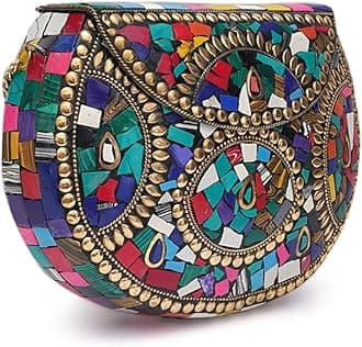 Shakuntala Vintage Clutch - Metal Mosaic Stone & Shell Design Purse - Handmade Women's Handbag