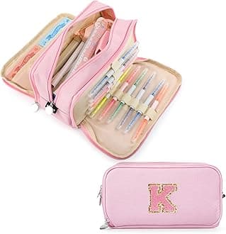 Extra Large Capacity Pencil Case 3 Compartment Initial Pencil Pouch Personalized Cute Aesthetic Stationery Pen Case Bag for School Teen Girl Boy Men Women Gift (K, Pink)