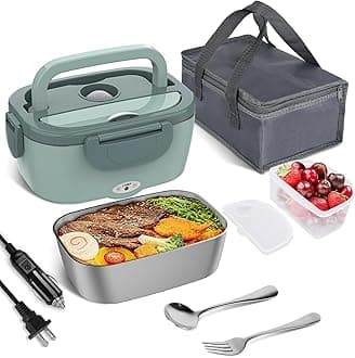 Vabaso Electric Lunch Box for Adults, 80W Heated Lunch Box Portable Food Warmer Lunch Box for Work/Men/Car/Truck with 1.5L 304 Stainless Steel Container Fork & Spoon, 110V/12V/24V
