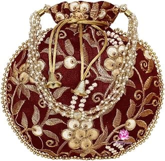 EkavyaPotli Bag for Women Ethnic Gold, Pearl Handle Floral Accents, Drawstring Closure Pearls Handle Batwa Clutch Purse