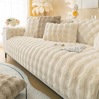 MERRYLIFE Thick Plush Faux Rabbit Fur Sofa Slipcovers 1-Piece Non-Slip Warm Soft Cozy Couch Covers Furniture Protector (White, Sofa Cushion 70 * 120cm)