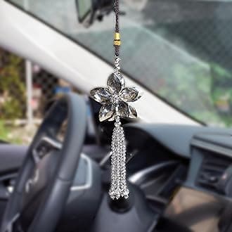 Crystal Flower Rear View Mirror Pendant Car Hanging Ornament Lucky Charm with Dangle Beads, Gray