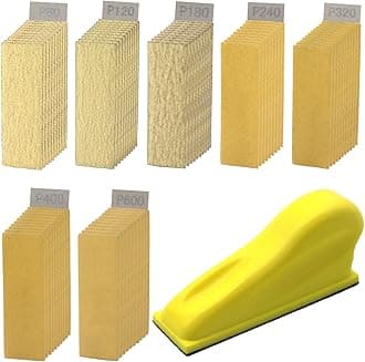 70 Sheets Micro Detail Sander Paper Kit, 3.5”x 1”Hand Sanding Block for Small Projects Wet Dry Hook & Loop Alumina 80 to 600 Grit Sandpaper for Crafts Wood,Tight Narrow Spaces Metal Finishing
