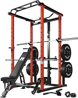 RitFit Squat Rack Power Cage Home Gym Package, Includes 1000LBS Power Rack with Cable Crossover System, Weight Bench, Weight Plate Set with Olympic Barbell (PPC02 Package 1.6K (CLF BP 230LBS))-Orange
