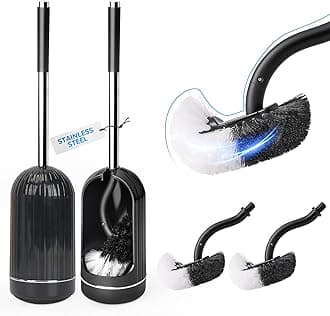 Topsky Toilet Brush with Holder, 2 Pack Compact Toilet Bowl Cleaner Brush and Holder with Stainless Steel Handle, Toilet Bowl Brush for Bathroom Storage (2Base+4Heads, Black)