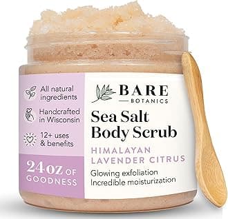 Bare Botanics Lavender Grapefuit Body Scrub 24oz | Made in USA | All Natural Himalayan Salt Exfoliator Skin Loving Moisturizers | Vegan & Cruelty Free | Gift Ready Packaging w/a Cute Wooden Spoon