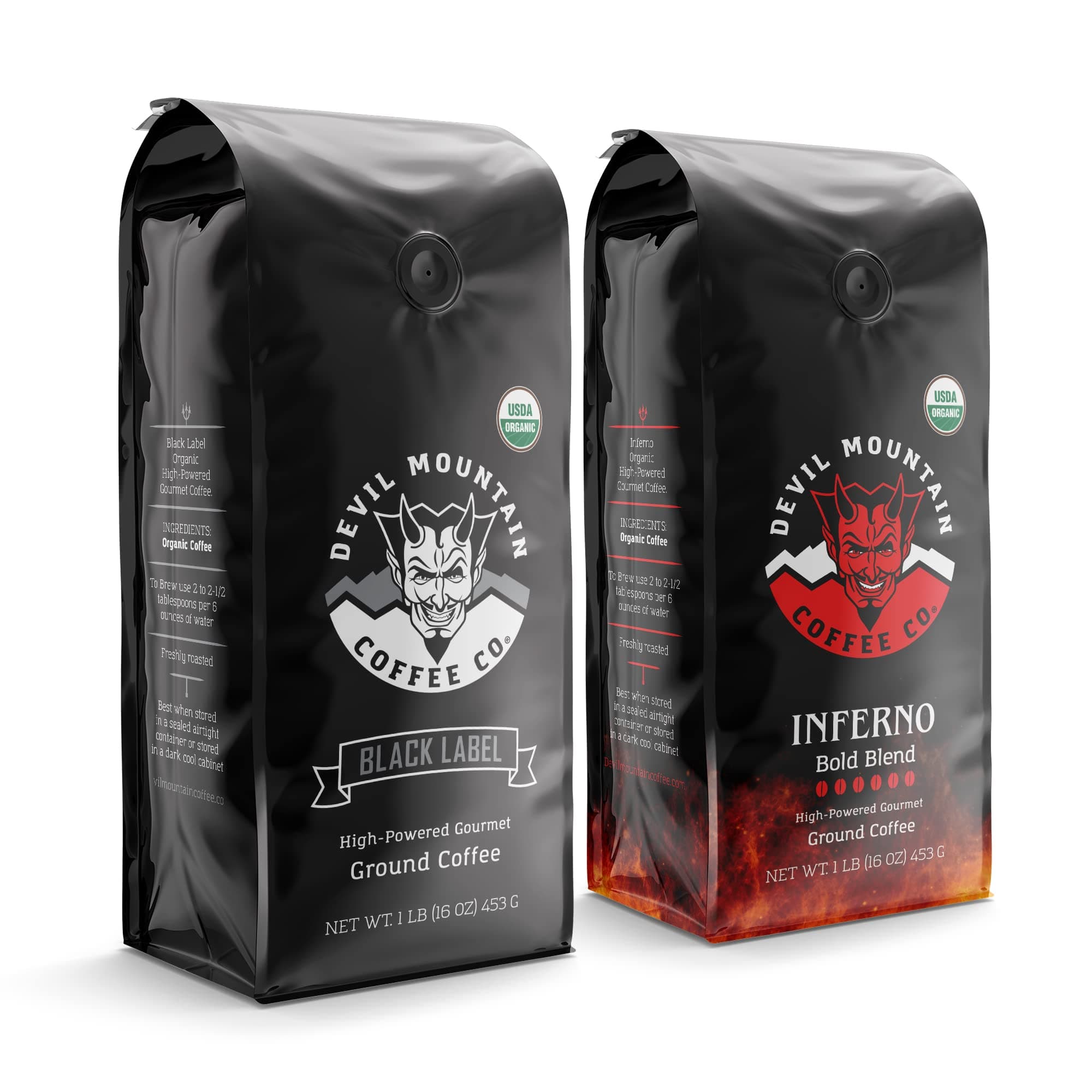 Devil Mountain Coffee Black Label and Inferno Ground Bundle 2 PK Worlds Strongest Coffee 2 pounds High-Caffeine USDA Certified Organic