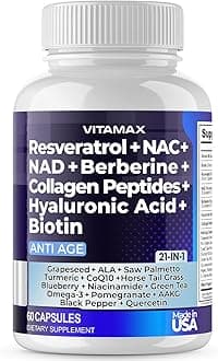 Resveratrol NAD+ Berberine Hyaluronic Acid - Biotin Grape & Blueberry + NAC - Collagen Peptides - Hair, Nail, Skin & Joint Supplement - 21-in-1 Women and Men - Made in USA (60 Count (Pack of 1)