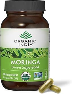 ORGANIC INDIA Moringa Herbal Supplement - Green Superfood, Nutrient Dense, Pure Plant Protein, Vitamin A, E, K, Iron, Calcium, Fiber, Vegan, Gluten-Free, USDA Certified Organic - 90 Capsules