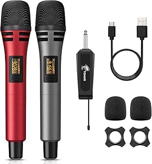 TONOR Wireless Microphone, UHF Metal Wireless Handheld Dynamic Microphone System with Rechargeable Receiver, 1/4" Output for Amplifier, PA System, Karaoke Machine, 60m, Red